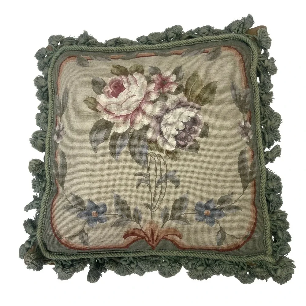 VTG‎ Aubusson Tapestry Rose Green Fringe Needlepoint Feather Down Country Pillow